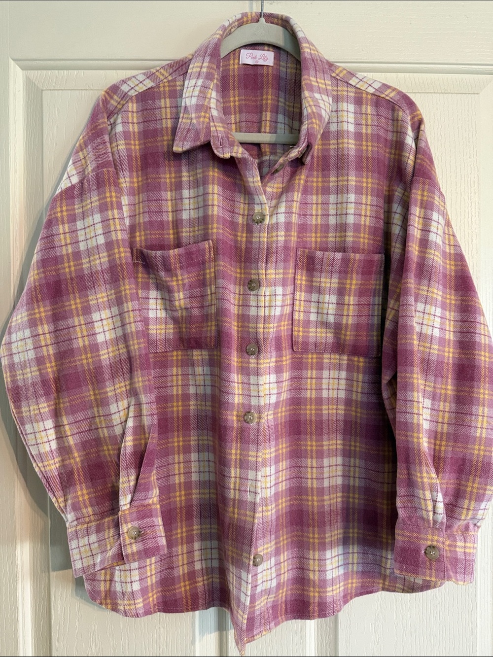 Pink Lily Plaid Button-Down Shirt Jacket in Pink, Yellow & White